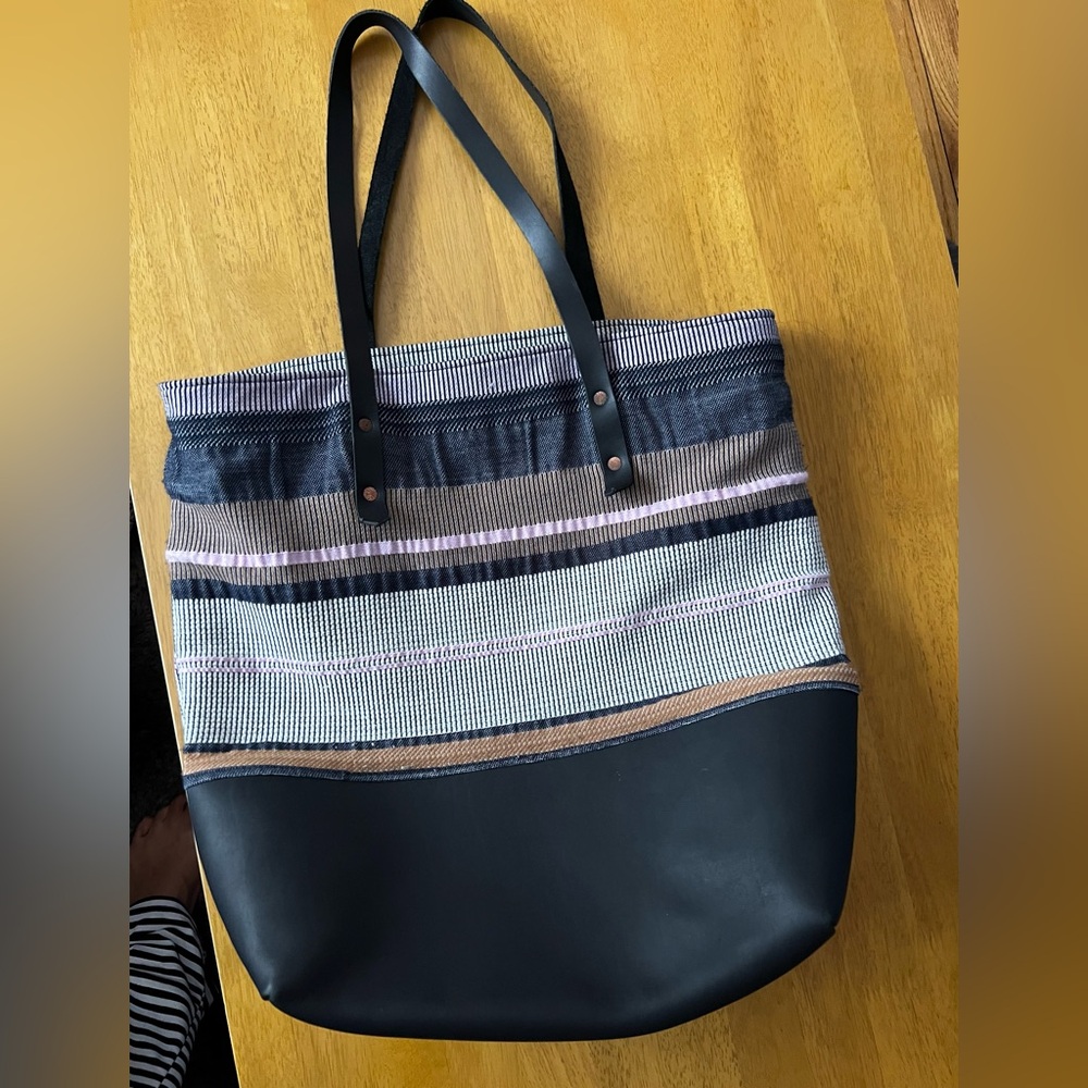 Boutonné Black and Dark Blue Denim Fabric Tote